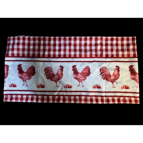 Red Rooster & Gingham Check Curtain 64” x  14” Long Cotton Polyester - Picture 1 of 7